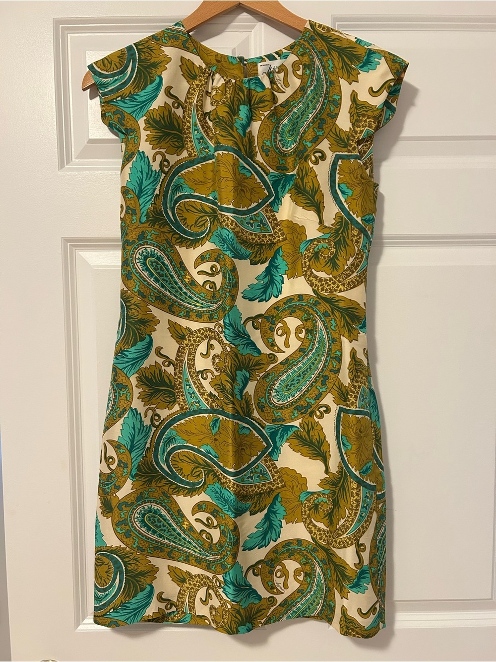 Milly Paisley Cap-Sleeve Shift Dress in Teal, Olive & Cream